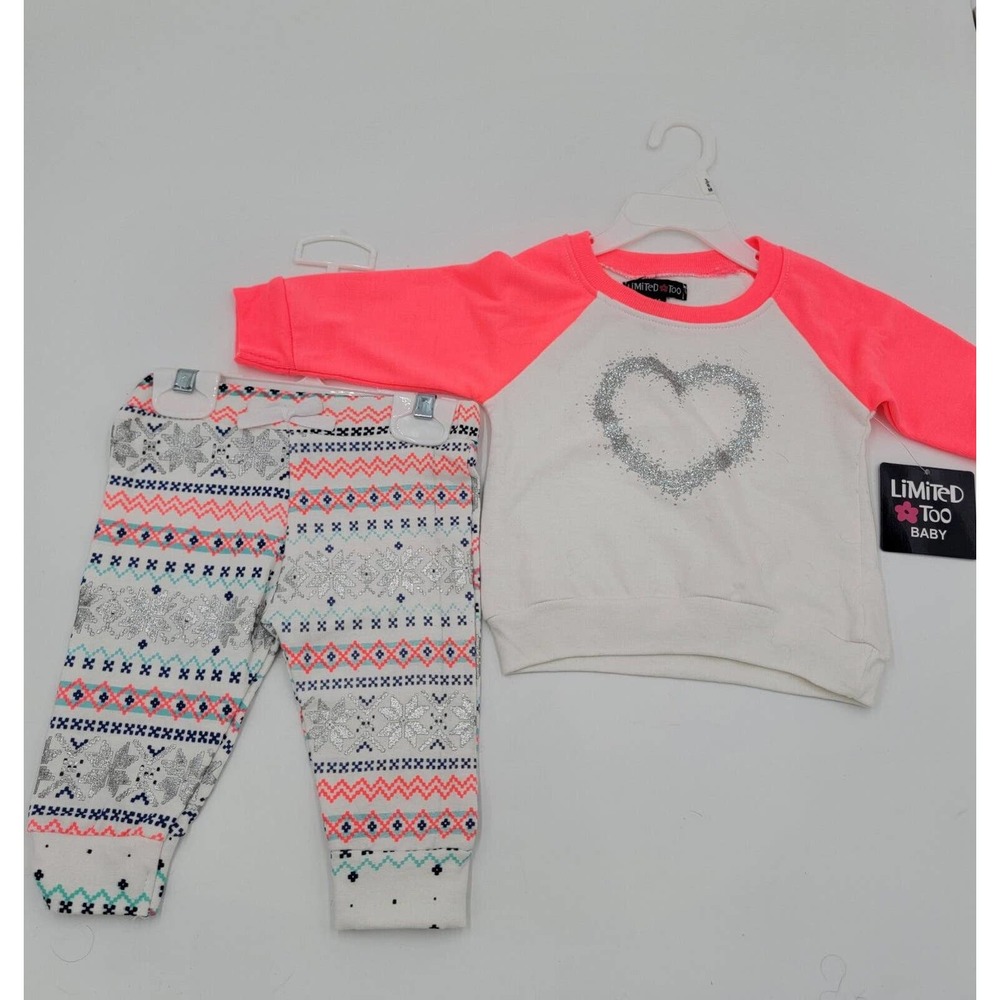 Limited Too Long Sleeve Tshirt Silver Glitter Heart Fair Isle Joggers 3/6 Months